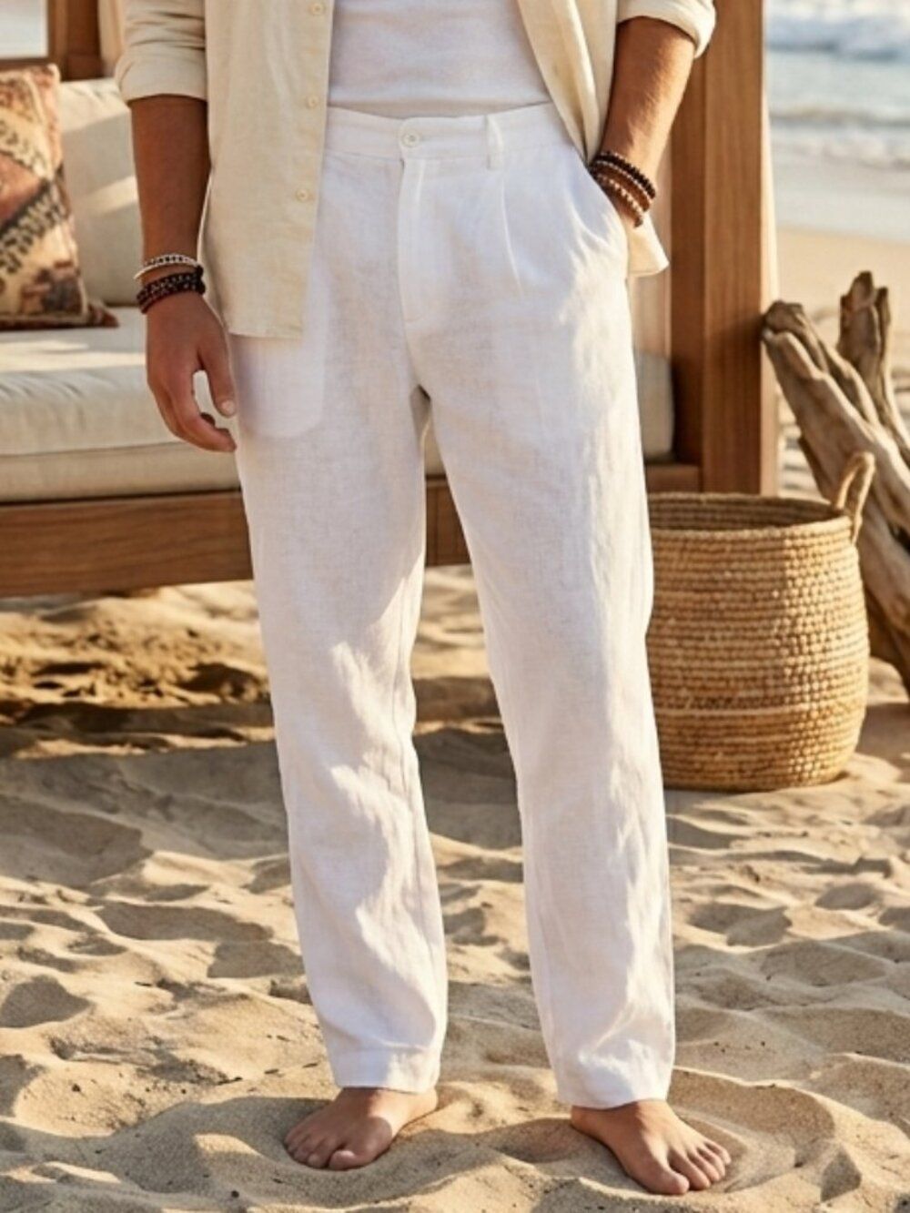 Trust Men's White Linen Blend Flat Front Pants - Size 48x32 - Coastal Chic